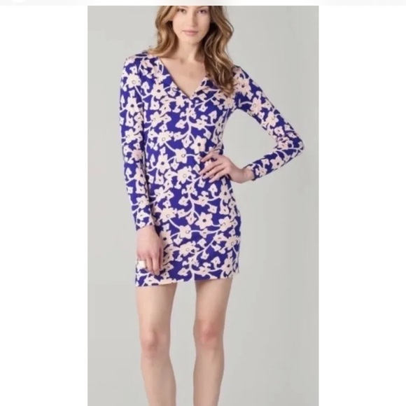 Diane von Furstenberg Reina Silk Mini Dress Purple Peach Fitted floral V-Neck 6 - Picture 1 of 11
